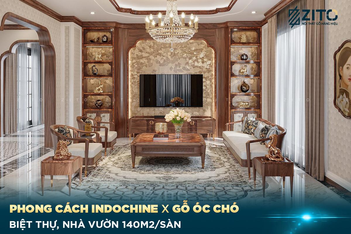 thiet ke noi that biet thu indochine go oc cho 140m2/san